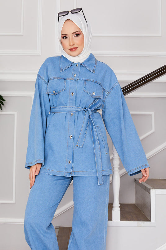 Jacket Trousers Hijab Denim Set Light Blue