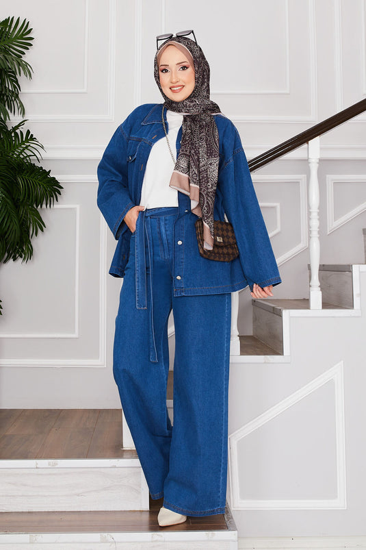 Jacket Trousers Hijab Denim Set Blue