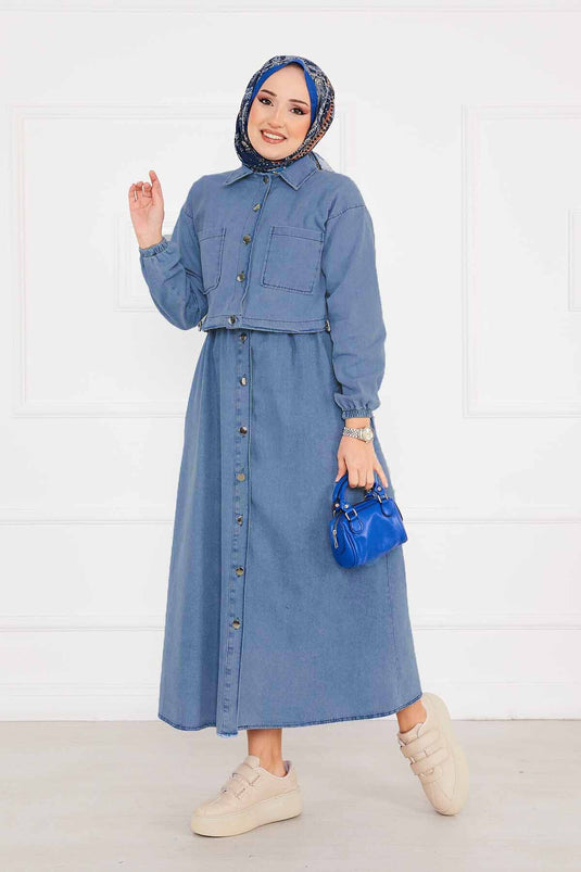 Ceketli Elbise Kot Tesettür Takım Açık Mavi