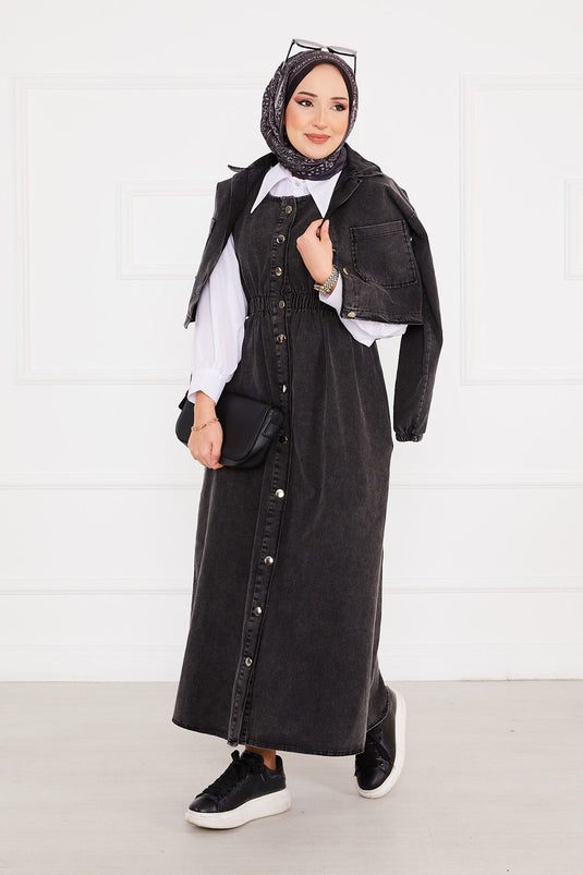 Veste Robe Denim Hijab Costume Noir