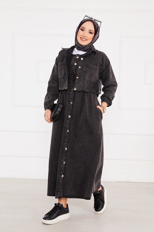 Veste Robe Denim Hijab Costume Noir