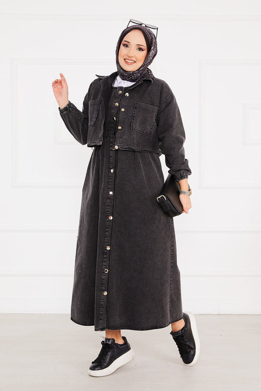 Veste Robe Denim Hijab Costume Noir