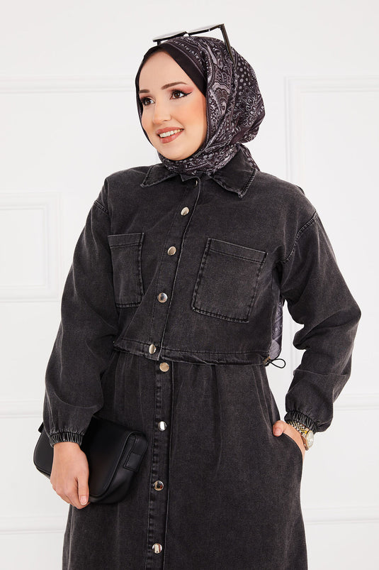 Veste Robe Denim Hijab Costume Noir