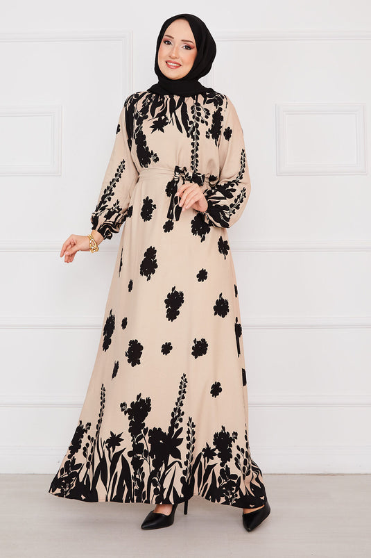 Robe hijab en viscose à motifs avec ceinture Sena Beige