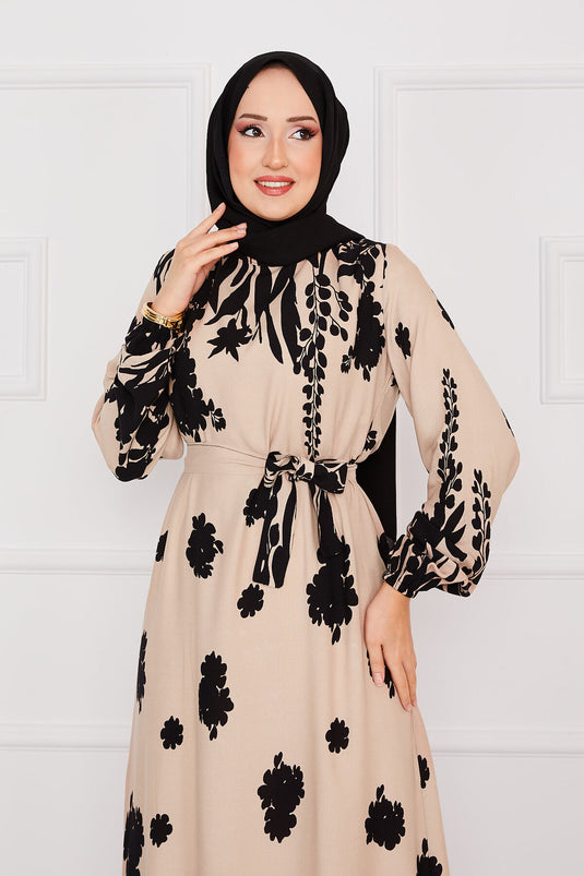 Robe hijab en viscose à motifs avec ceinture Sena Beige