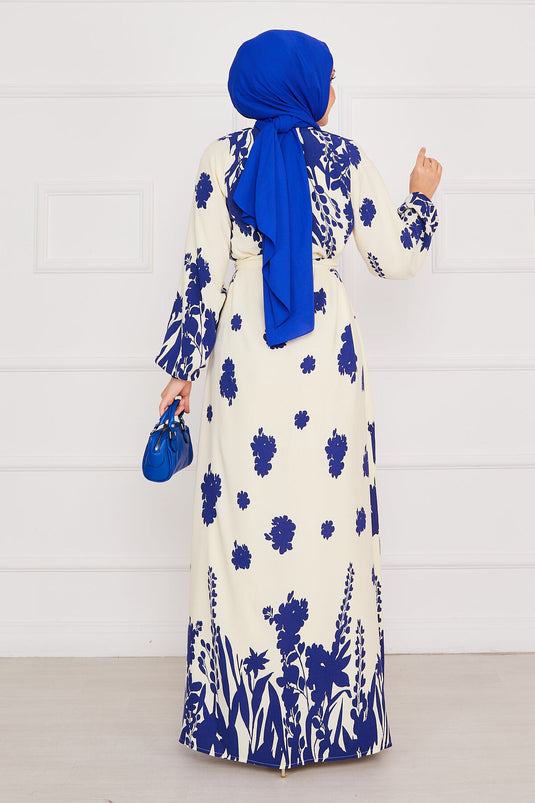 Robe hijab en viscose à motifs avec ceinture Sena Ecru-Sax