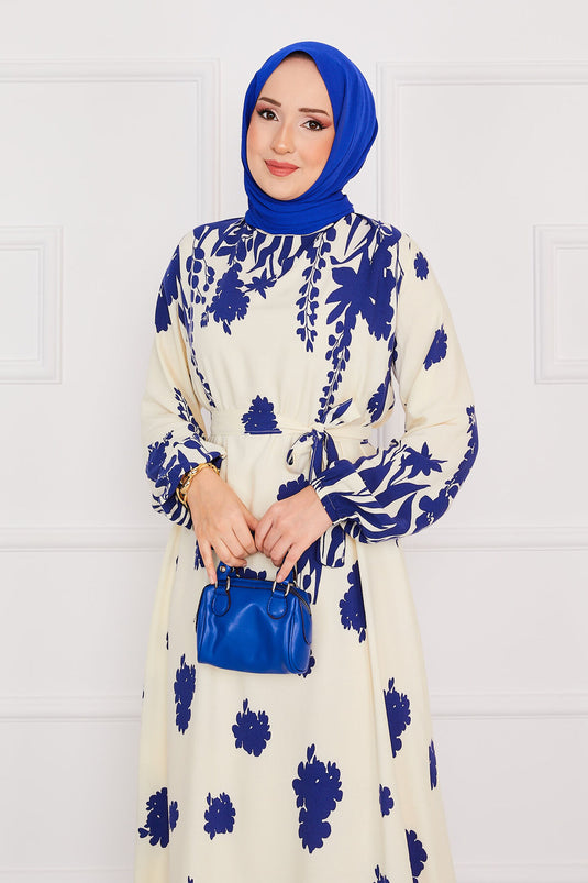 Robe hijab en viscose à motifs avec ceinture Sena Ecru-Sax