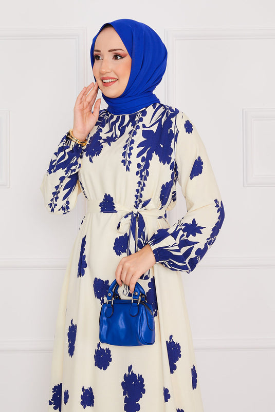 Sena Gemustertes Viskose-Hijab-Kleid mit Gürtel Ecru-Sax