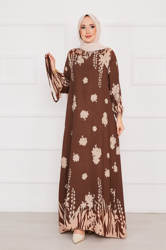 Robe hijab en viscose à motifs avec ceinture Sena Marron