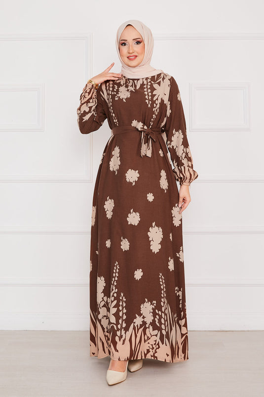 Robe hijab en viscose à motifs avec ceinture Sena Marron