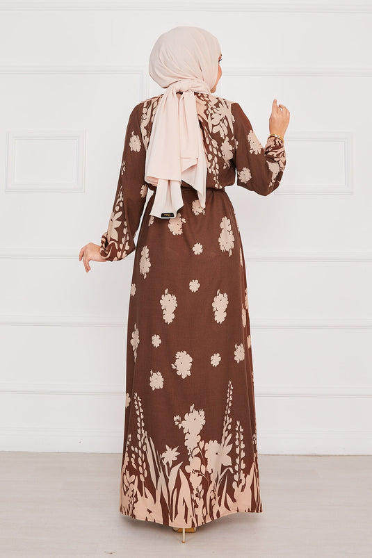 Robe hijab en viscose à motifs avec ceinture Sena Marron