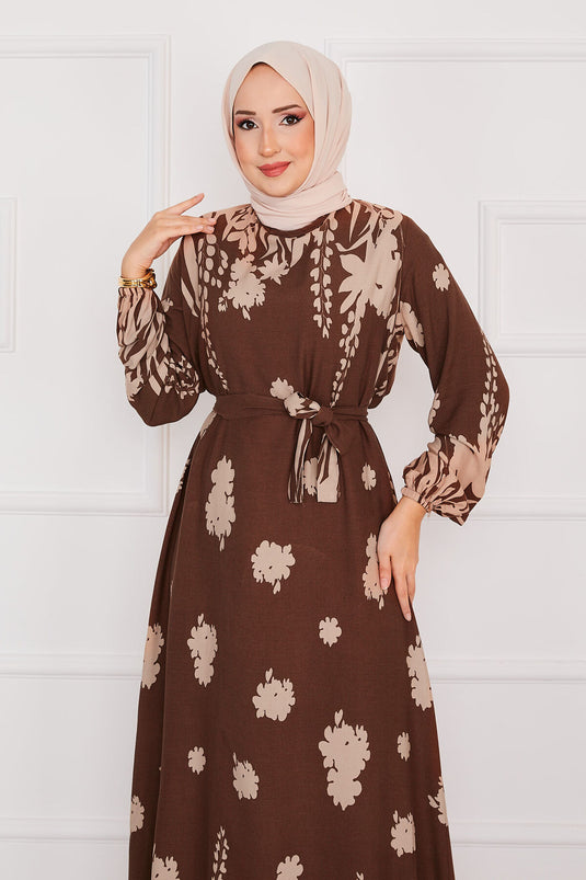 Robe hijab en viscose à motifs avec ceinture Sena Marron