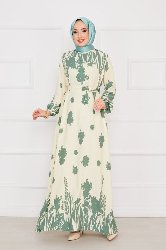 Robe hijab en viscose à motifs avec ceinture Sena Écru-Vert