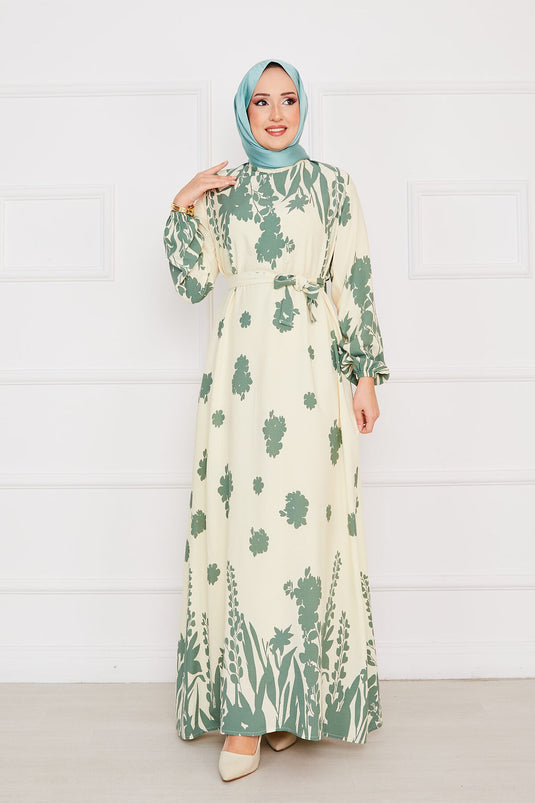 Robe hijab en viscose à motifs avec ceinture Sena Écru-Vert