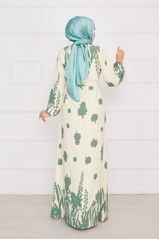 Robe hijab en viscose à motifs avec ceinture Sena Écru-Vert