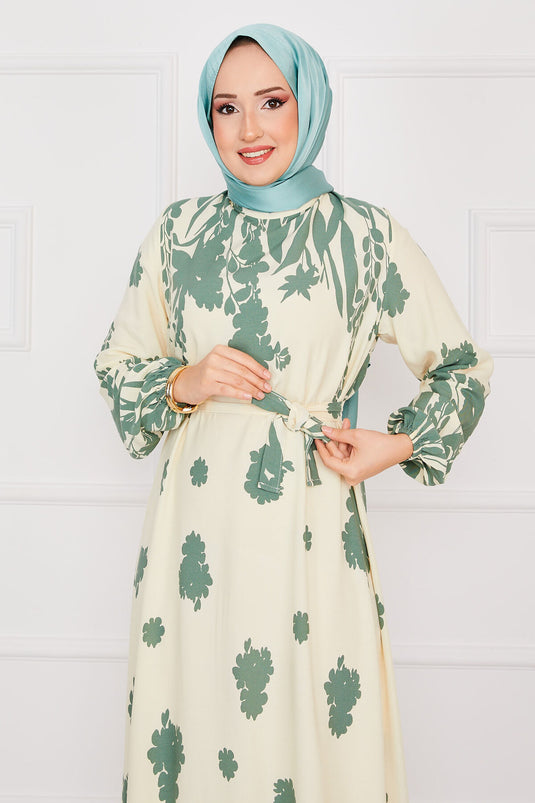 Robe hijab en viscose à motifs avec ceinture Sena Écru-Vert