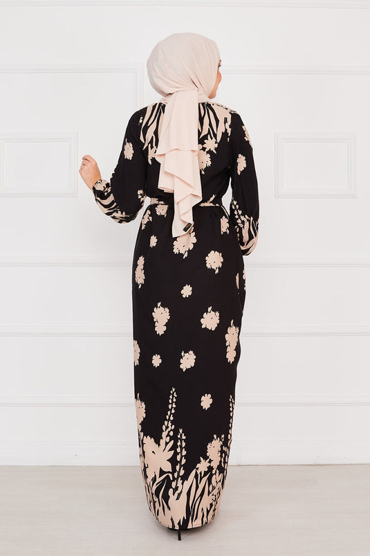 Robe hijab en viscose à motifs avec ceinture Sena Noir