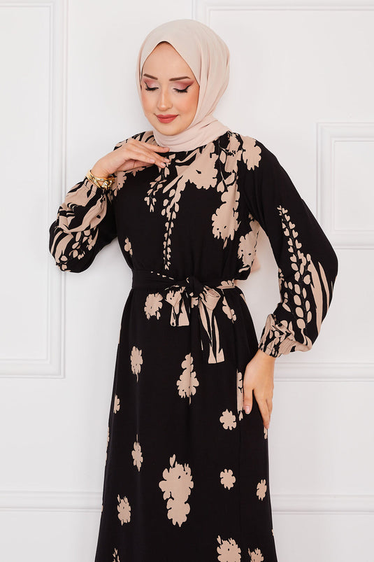 Robe hijab en viscose à motifs avec ceinture Sena Noir