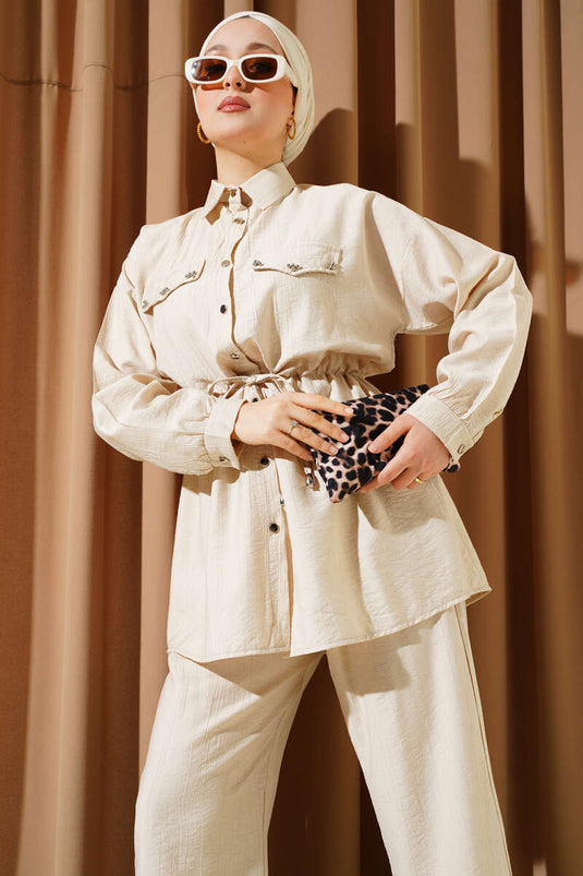 Cep Boncuklu Bel Tünelli İkili Takım Bej