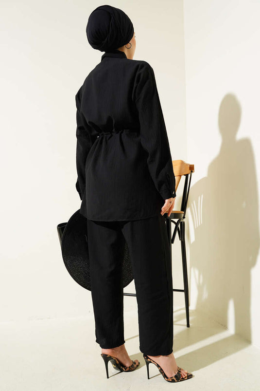 Ensemble deux pièces noir avec tunnel de taille perlé et poches