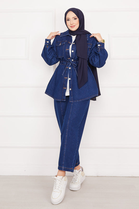 Costume en jean avec hijab et lacets à la taille et poches bleu marine