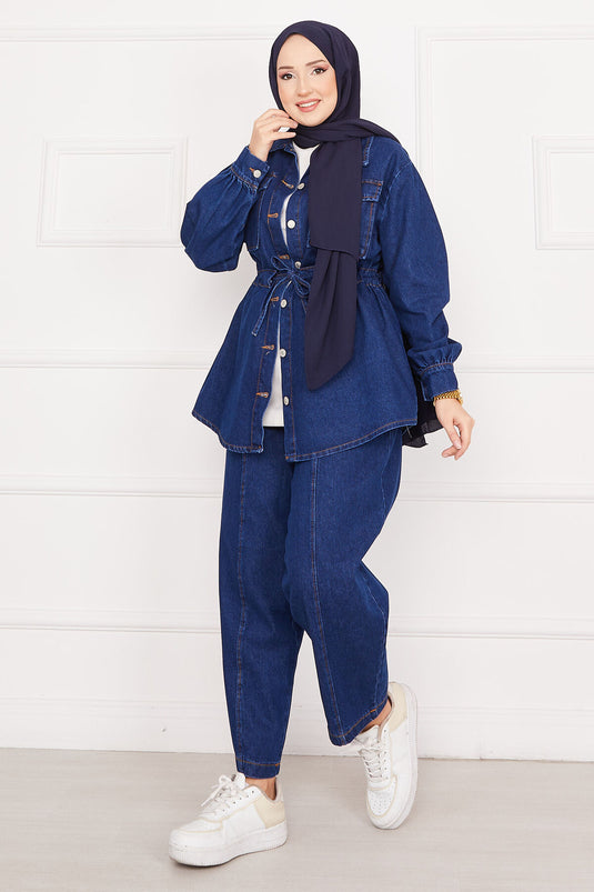 Detailed Long Tunic with Laces Modest Denim Set Navy Blue