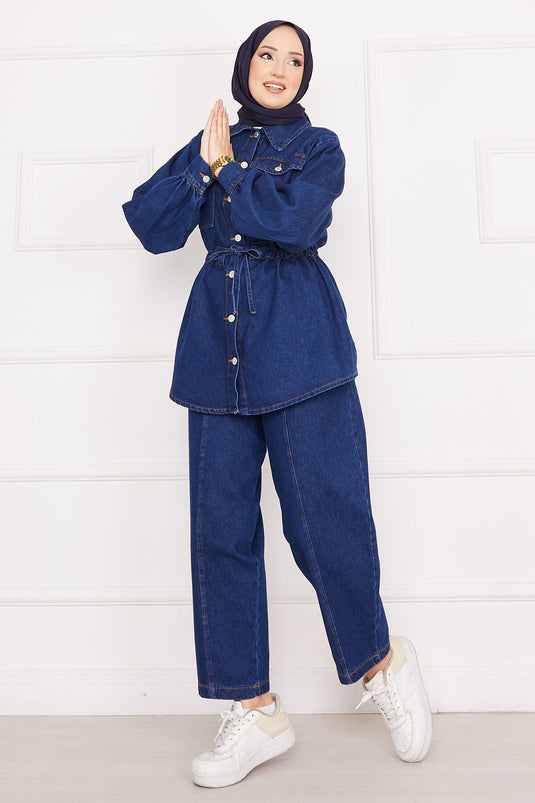 Detailed Long Tunic with Laces Modest Denim Set Navy Blue