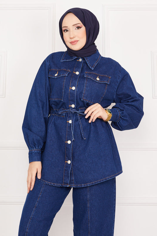 Detailed Long Tunic with Laces Modest Denim Set Navy Blue