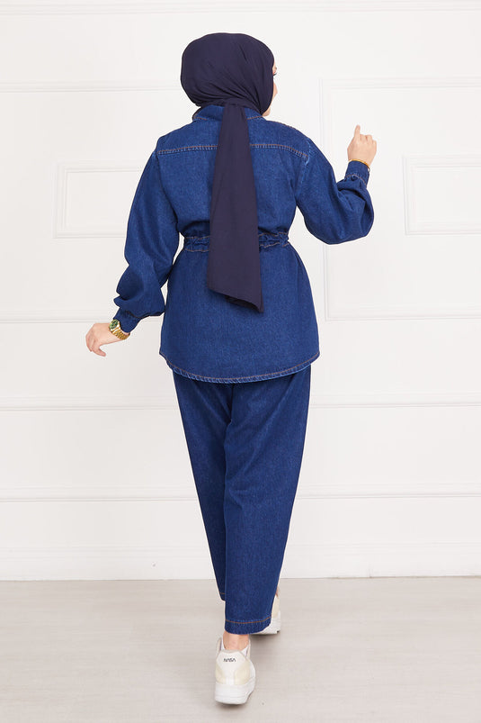 Detailed Long Tunic with Laces Modest Denim Set Navy Blue