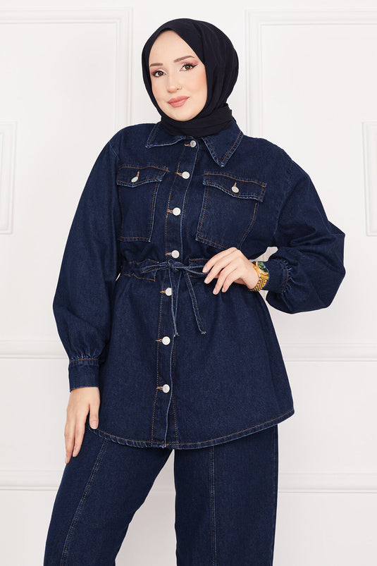 Pocket Detailed Waist Laced Hijab Denim Suit Navy Blue