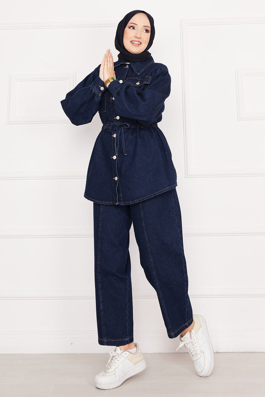 Pocket Detailed Waist Laced Hijab Denim Suit Navy Blue
