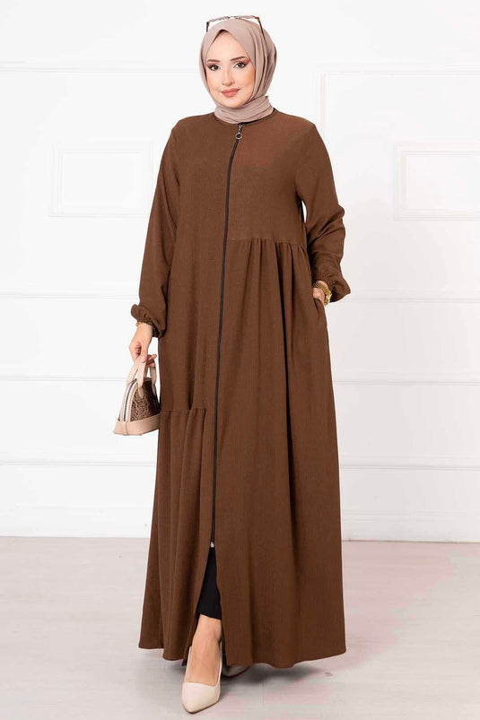 Abaya froncée avec poche marron