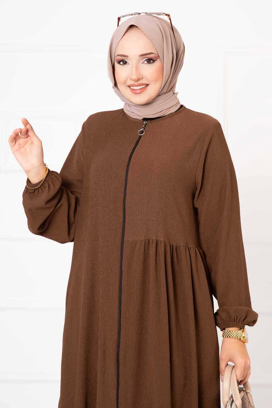 Abaya froncée avec poche marron