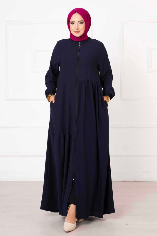 Abaya froncée détaillée avec poches bleu marine