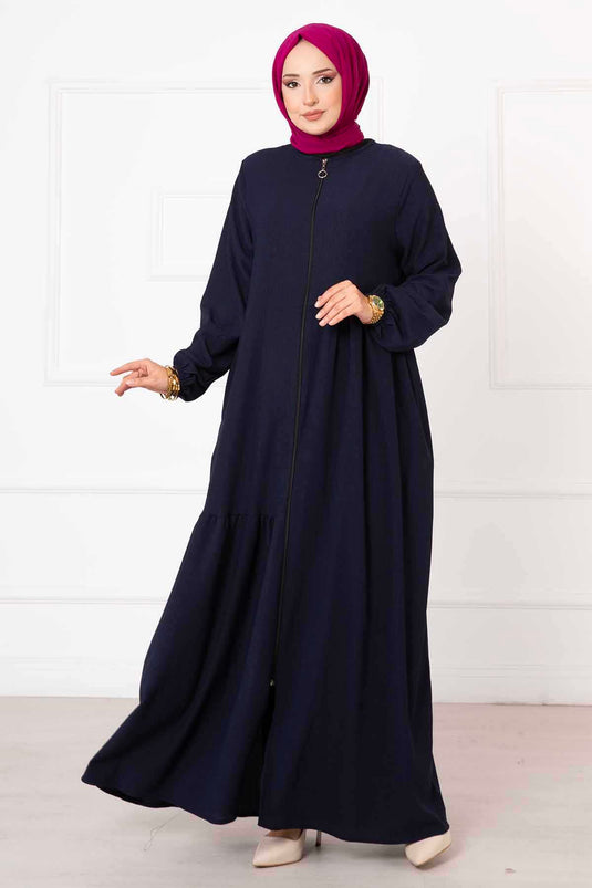 Abaya froncée détaillée avec poches bleu marine