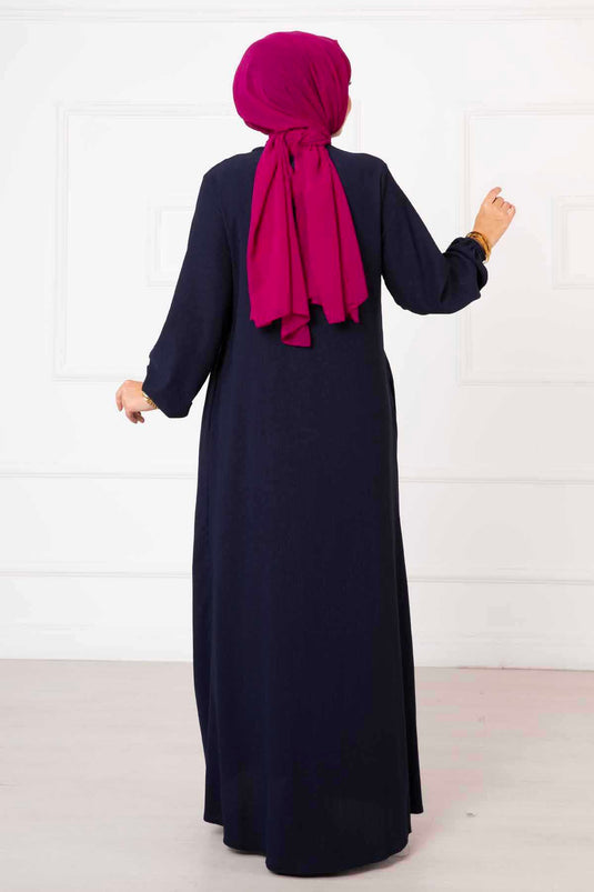 Abaya froncée détaillée avec poches bleu marine