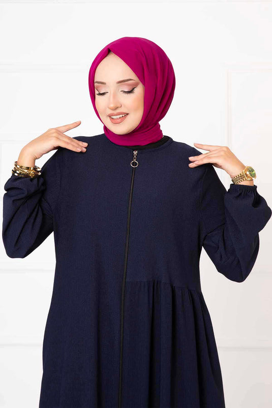 Abaya froncée détaillée avec poches bleu marine