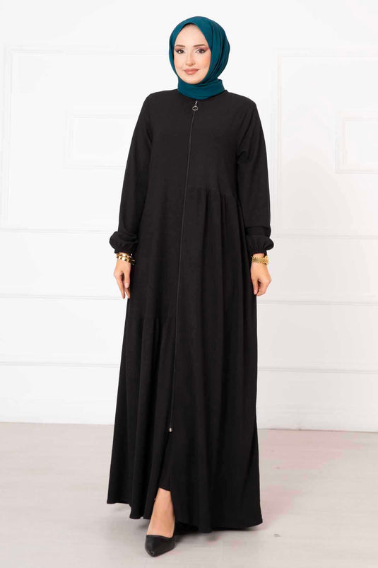 Abaya fruncida con detalle de bolsillo Negro