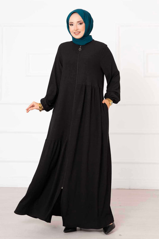 Abaya fruncida con detalle de bolsillo Negro