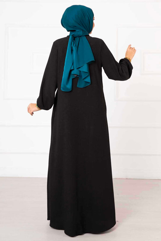 Abaya fruncida con detalle de bolsillo Negro