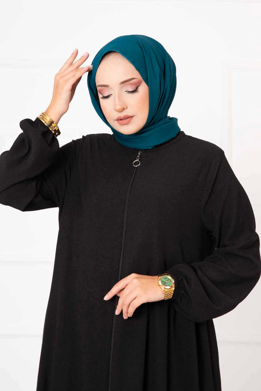 Abaya fruncida con detalle de bolsillo Negro