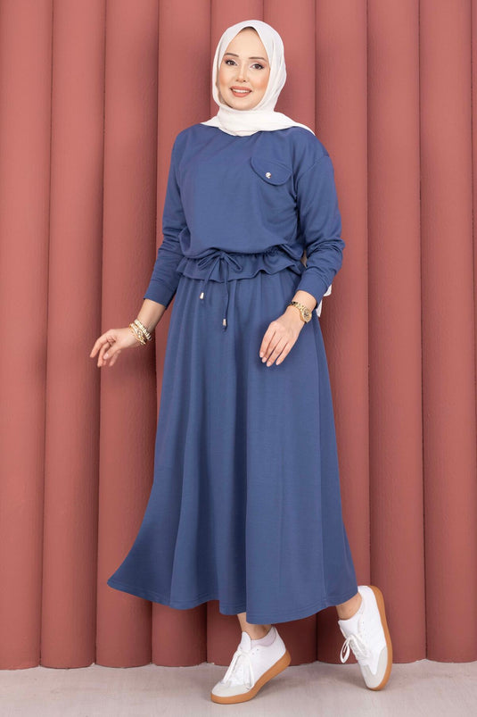 Pocket Detail Crop & Skirt Two-Piece Set Indigo