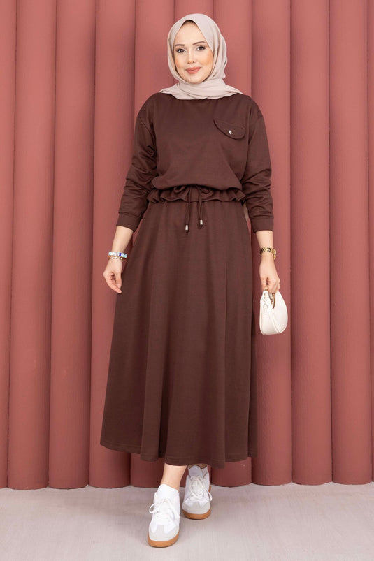 Pocket Detail Crop & Skirt Two-Piece Set Brown
