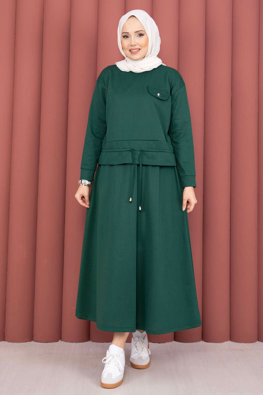 Pocket Detail Crop & Skirt Two-Piece Set Emerald