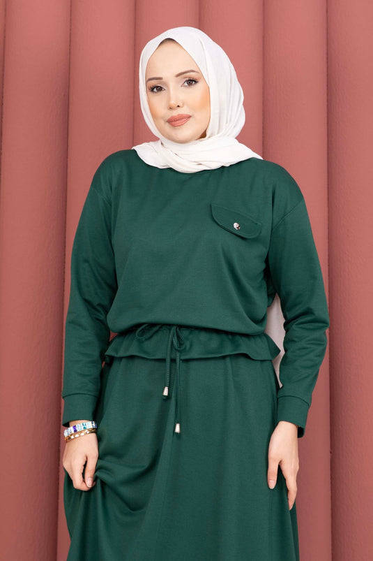 Pocket Detail Crop & Skirt Two-Piece Set Emerald