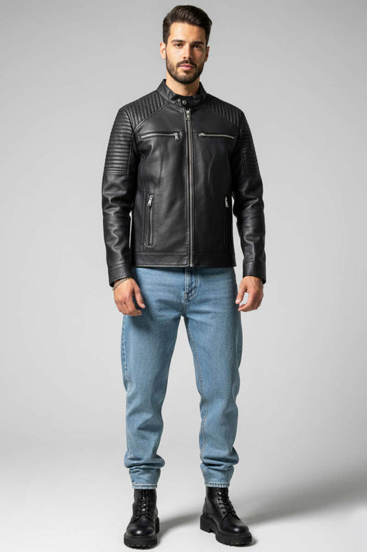 معطف جلدي رجالي بتفاصيل جيوب أسود