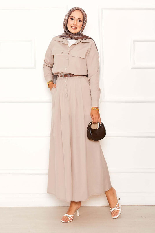 Two-Piece Skirted Suit with Pocket Detail, Beige