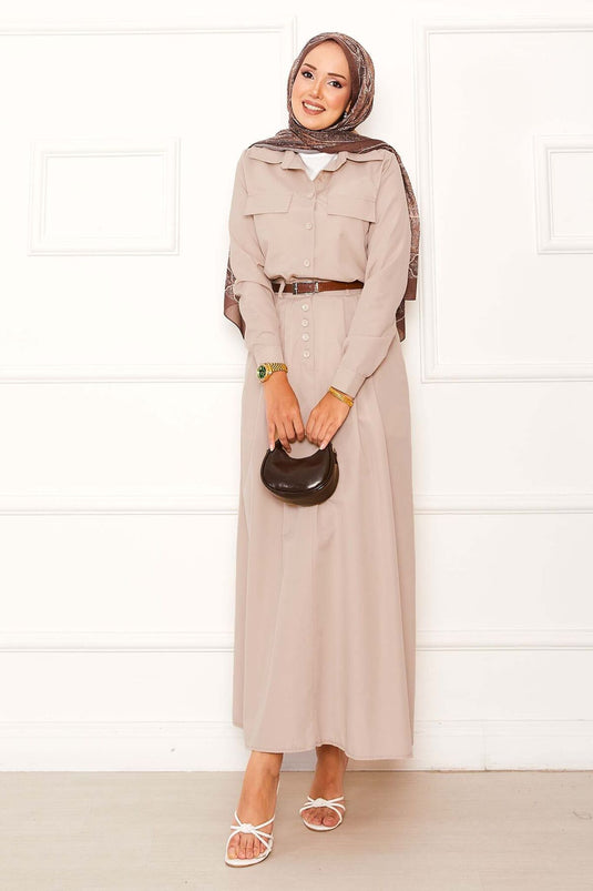 Two-Piece Skirted Suit with Pocket Detail, Beige