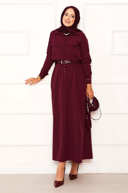 Burgundy Two-Piece Suit with Pocket Detail and Skirt