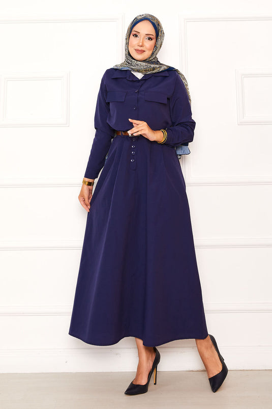 Pocket Detailed Skirted Two Piece Suit Navy Blue